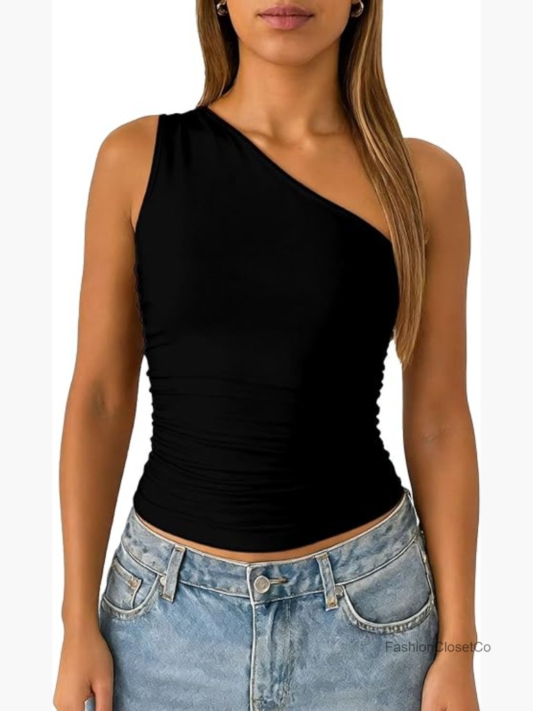 One Shoulder Going Out Tank Top Double Lined Ruched Sleeveless Y2k Summer Top